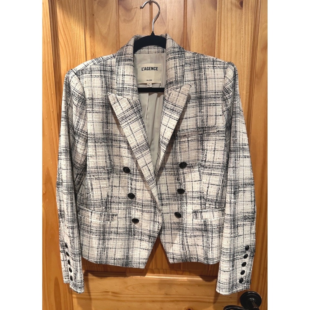 L'Agence Brooke Tweed Double-Breasted Cropped Blazer Cream Black Plaid Jacket 10 - Picture 2 of 7